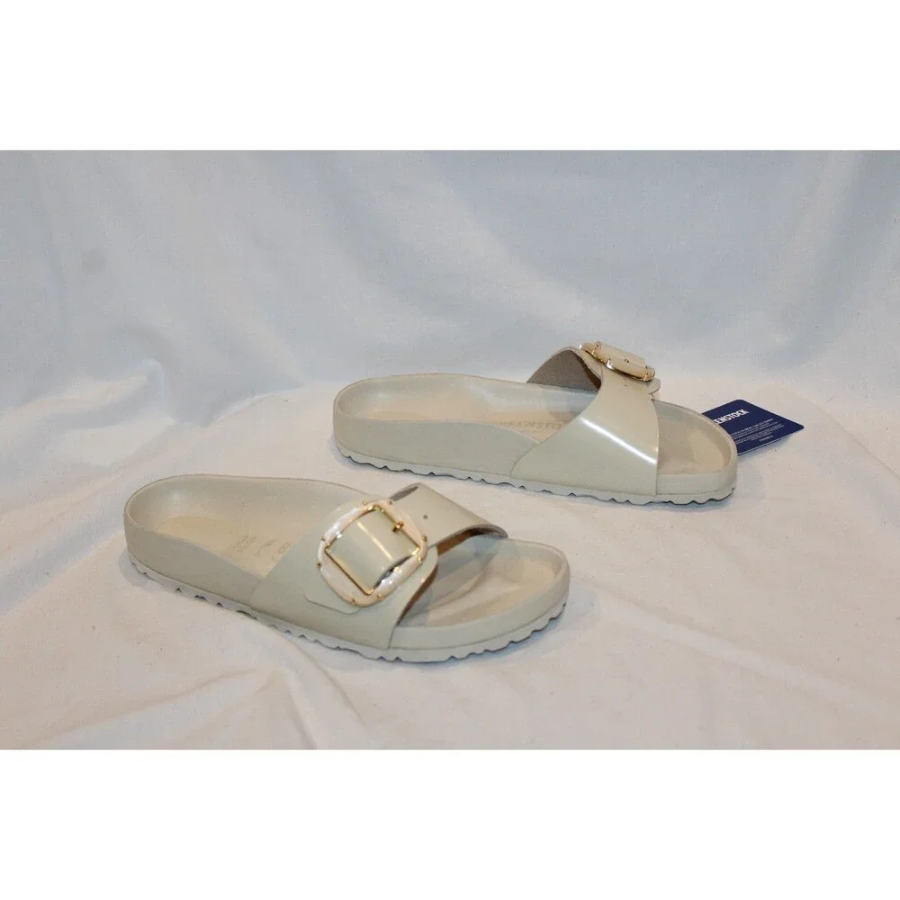 Birkenstock Women Madrid Big Buckle Leather Pearl High Shine Ecru EU 38 NAR $260